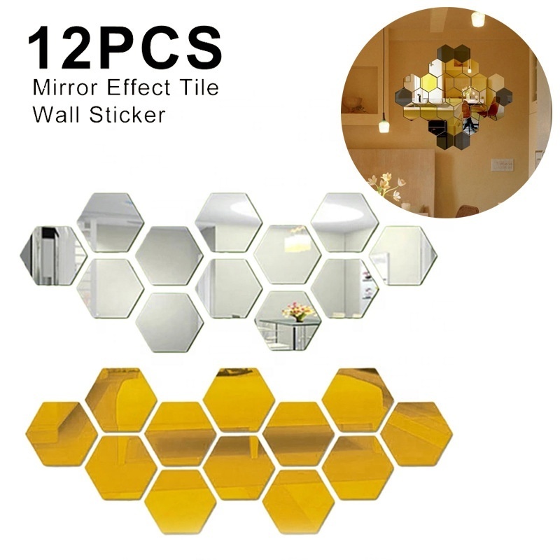 12pcs 3D Hexagon Mirror Wall Sticker Rose Gold DIY TV Background Living Room Stickers Wall Decor Bedroom Bathroom Home Decor