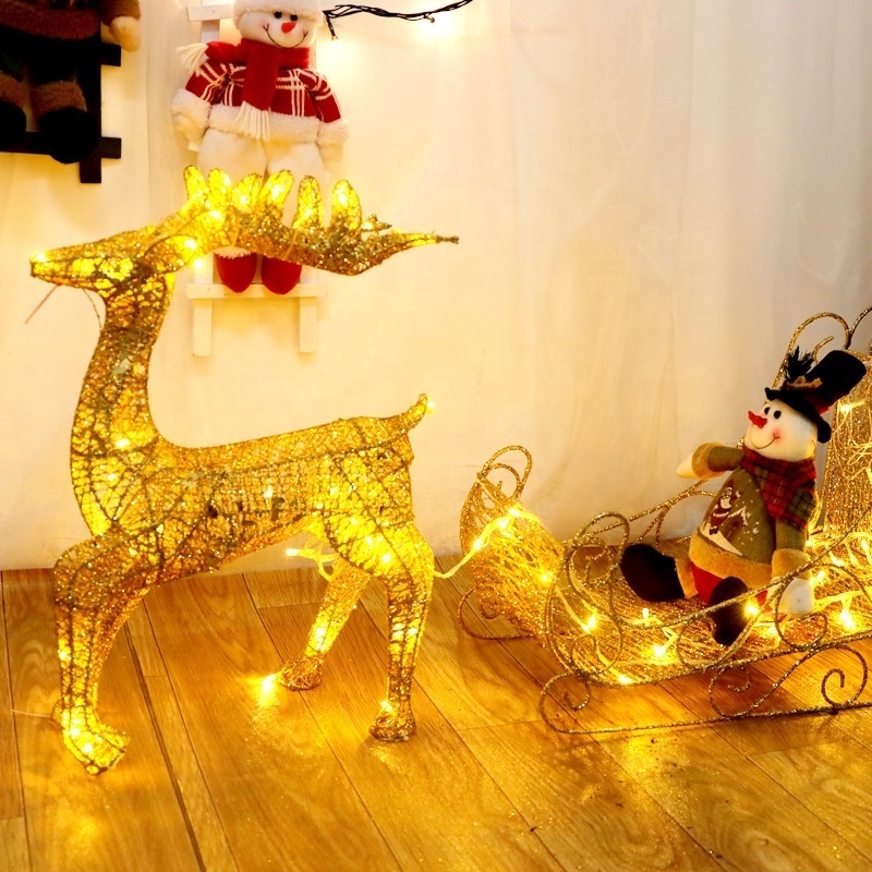 Artificial Christmas Decor LED Lights and Ground Stakes Reindeer and Santa Sleigh Christmas Decoration