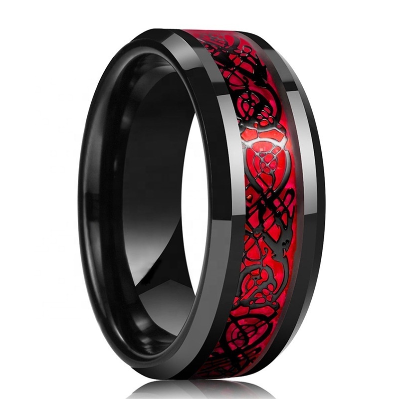 8mm Wide Men Ring Jewelry Red Blue Black Dragon Inlay Comfort Fit Stainless Steel Rings For Men Wedding Ring