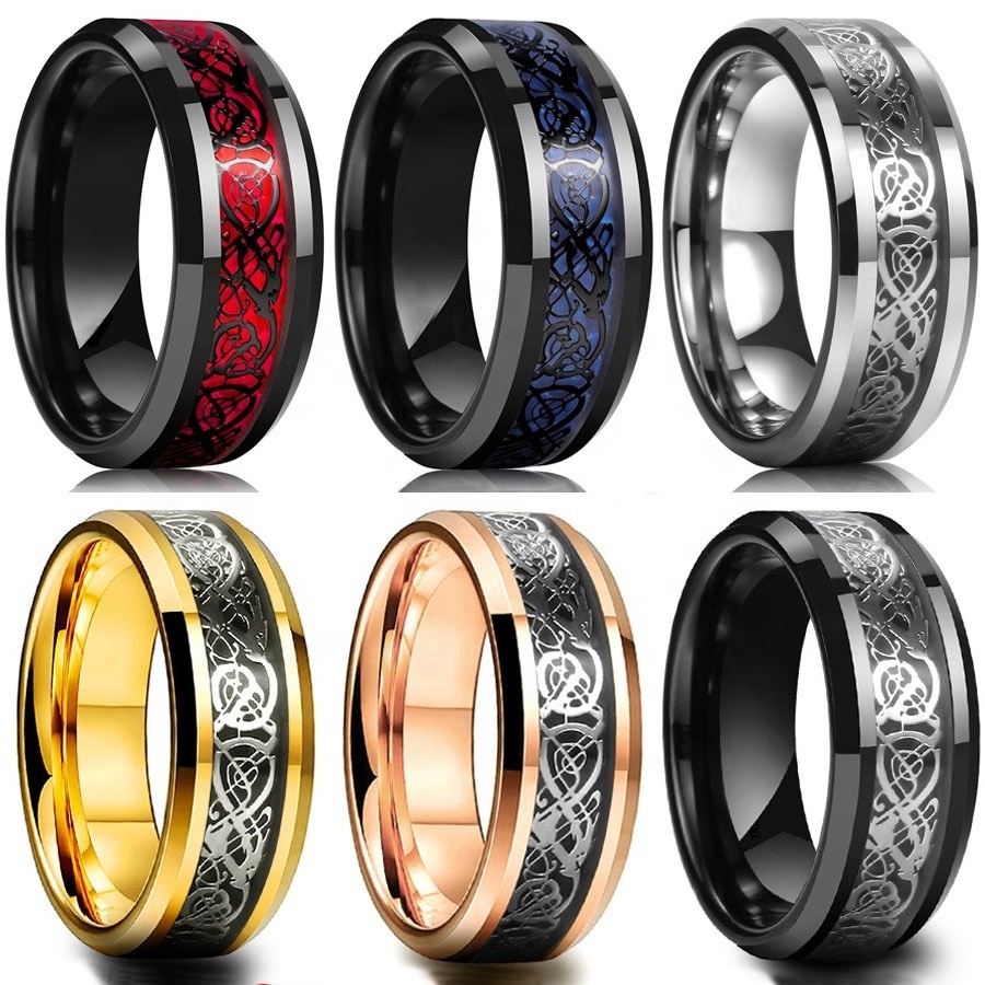 8mm Wide Men Ring Jewelry Red Blue Black Dragon Inlay Comfort Fit Stainless Steel Rings For Men Wedding Ring