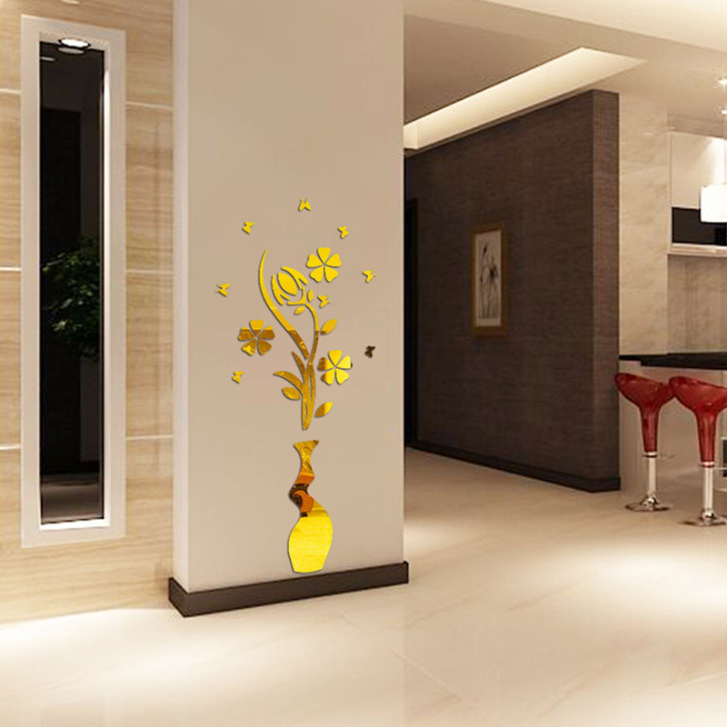 3D Acrylic Wall Sticker Flower and Vase Mirror Sticker Eco-Friendly Wall Decals for Bedroom Living Room Bathroom Decoration