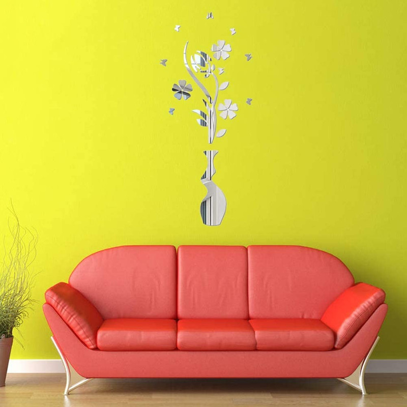 3D Acrylic Wall Sticker Flower and Vase Mirror Sticker Eco-Friendly Wall Decals for Bedroom Living Room Bathroom Decoration