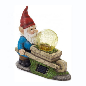 Wheelbarrow Gnome with Magic Orb Solar Powered LED Outdoor Decor Resin Garden Gnome Statue