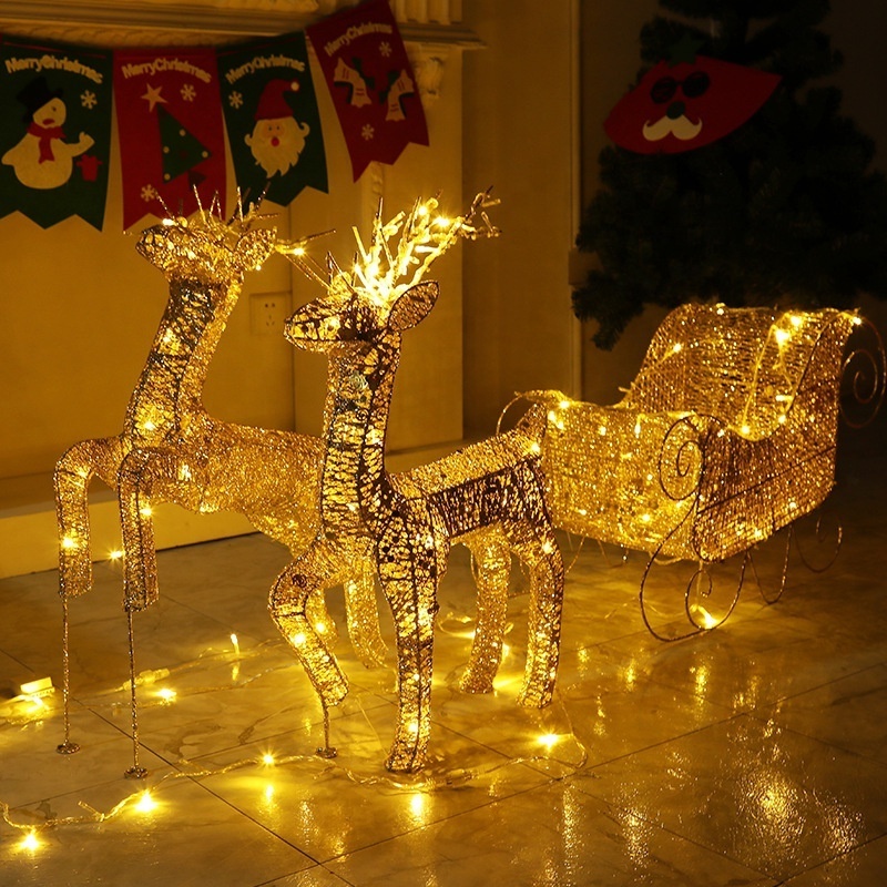 Artificial Christmas Decor LED Lights and Ground Stakes Reindeer and Santa Sleigh Christmas Decoration