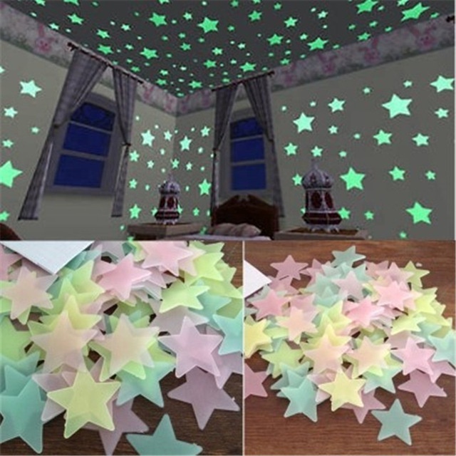 100pcs/bag 3cm 3D Stars Glow In The Dark Wall Stickers Luminous Fluorescent Wall Stickers For Kids Baby Room Bedroom Ceiling Hom