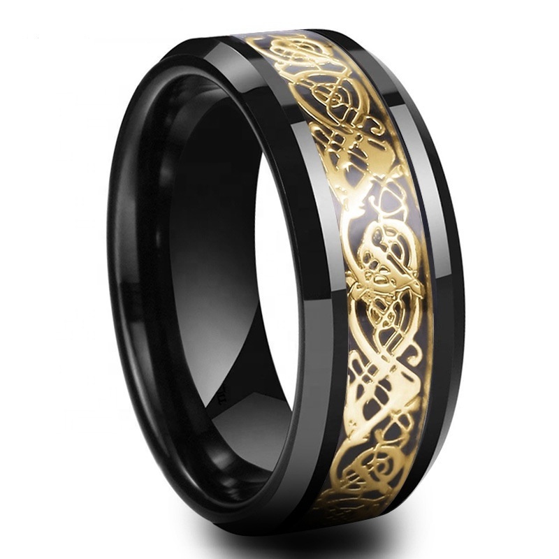 8mm Wide Men Ring Jewelry Red Blue Black Dragon Inlay Comfort Fit Stainless Steel Rings For Men Wedding Ring