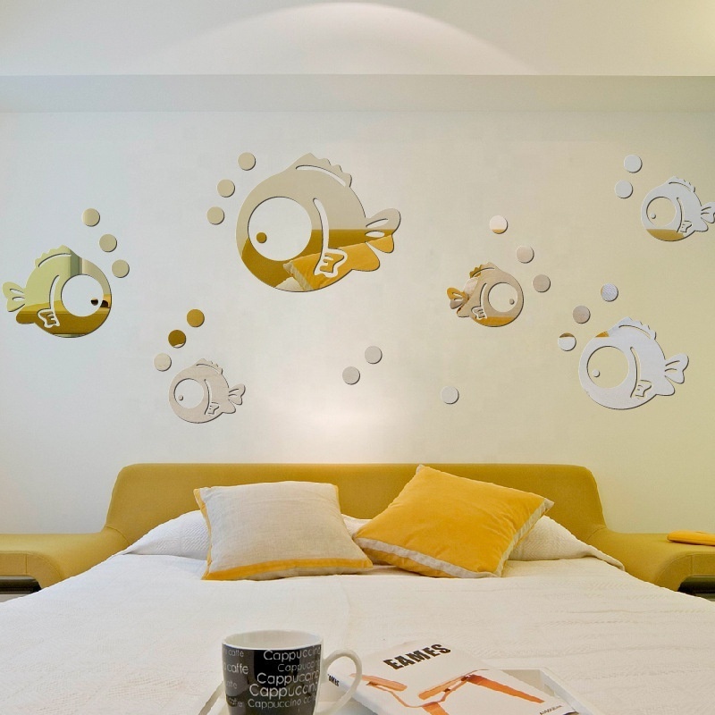 Wall Stickers Mirror Fish 3D Decals Sticker Acrylic Decor Removable Bubble Diy Self Adhesiveliving Bathroom Room Backdrop Tiles