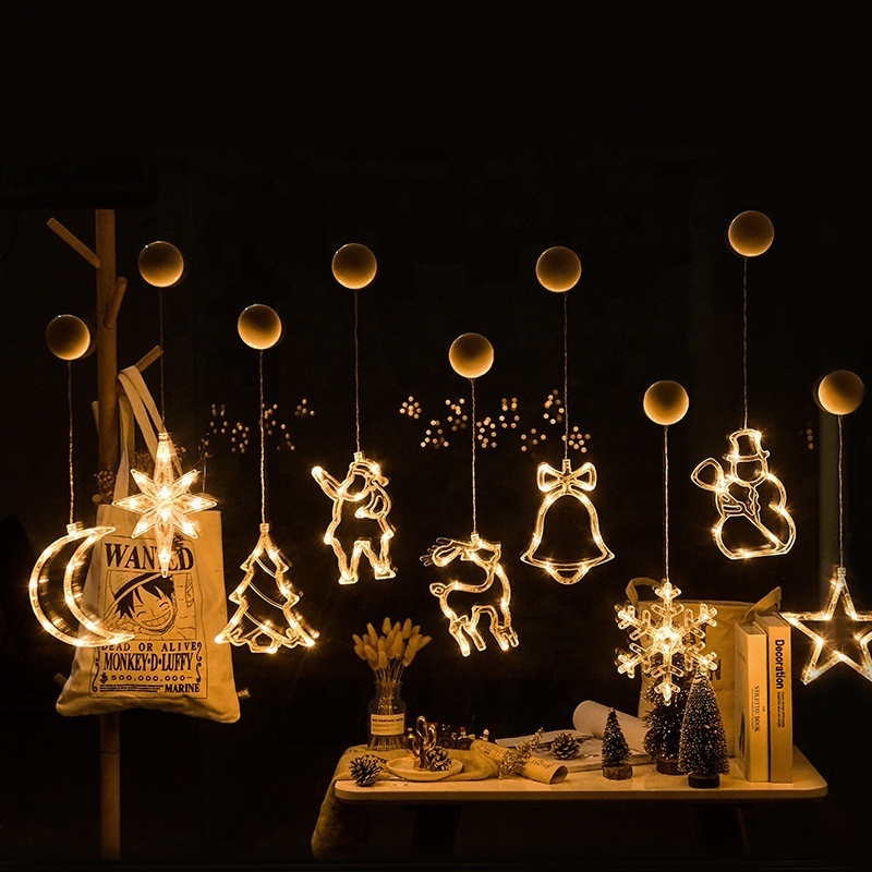 Christmas bell snowman star lights window decor LED sucker lights Battery power Christmas garland for Home Decor