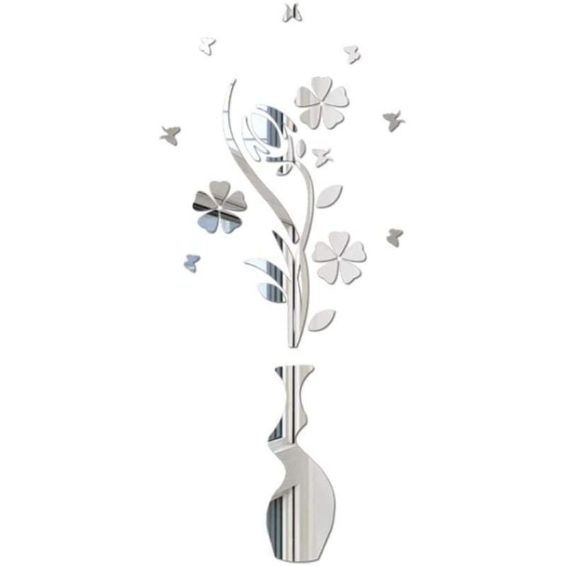 3D Acrylic Wall Sticker Flower and Vase Mirror Sticker Eco-Friendly Wall Decals for Bedroom Living Room Bathroom Decoration