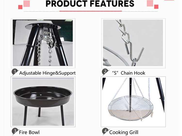 Adjustable Height Portable Barbecue Hanging Tripod Charcoal Camping Fire Pit BBQ Grill