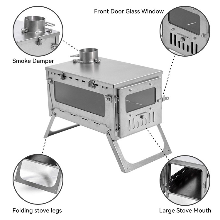 Camping Stove Grill Smokeless Outdoor Chimney Pipe Tube Stainless Steel Pellet Wood Burning Portable Foldable Tent Stove