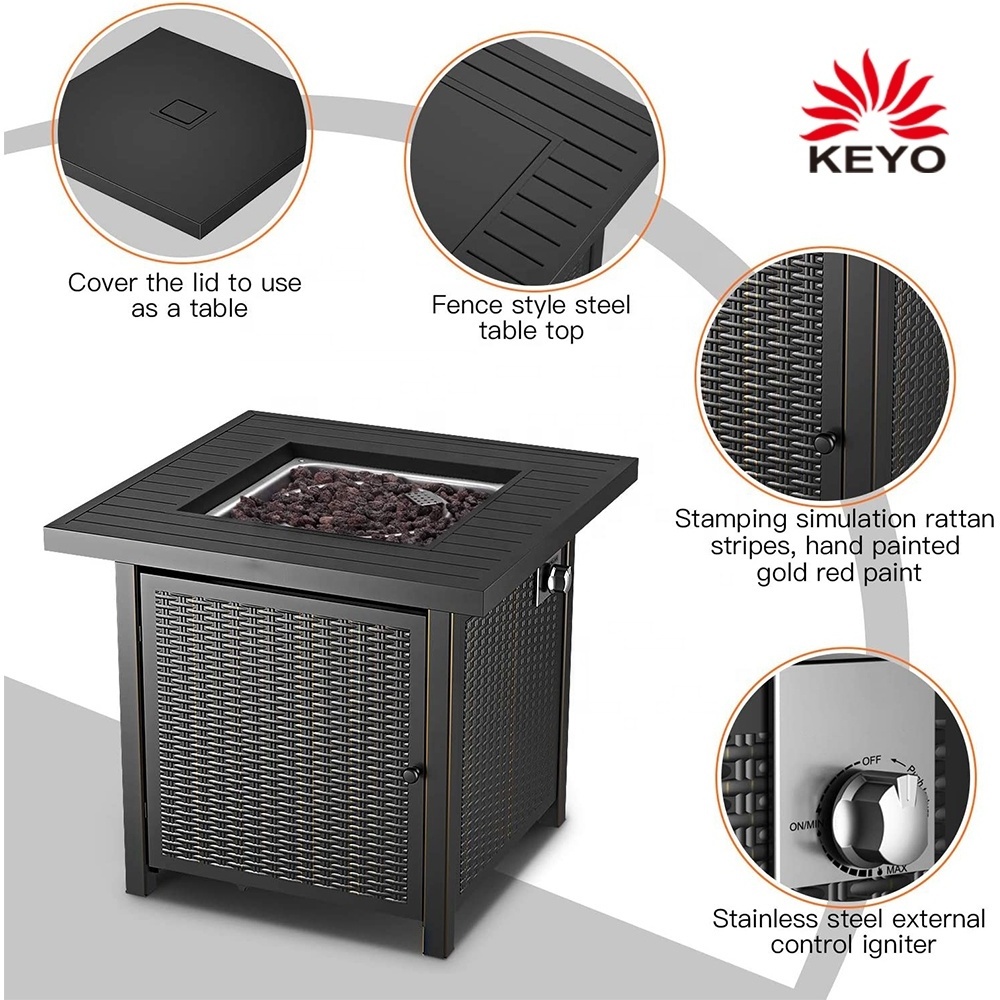 KEYO 28 Inch 50,000 BTU Square Gas Burner Fire Pit Outdoor Propane Gas Fire Pit Table