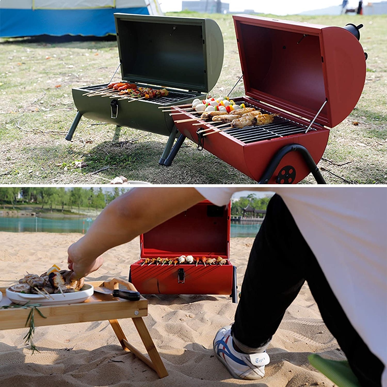 KEYO Camping Portable Grills 12 Inch  Easy Carry Outdoor Charcoal Portable BBQ Grills With Smoker Chimney