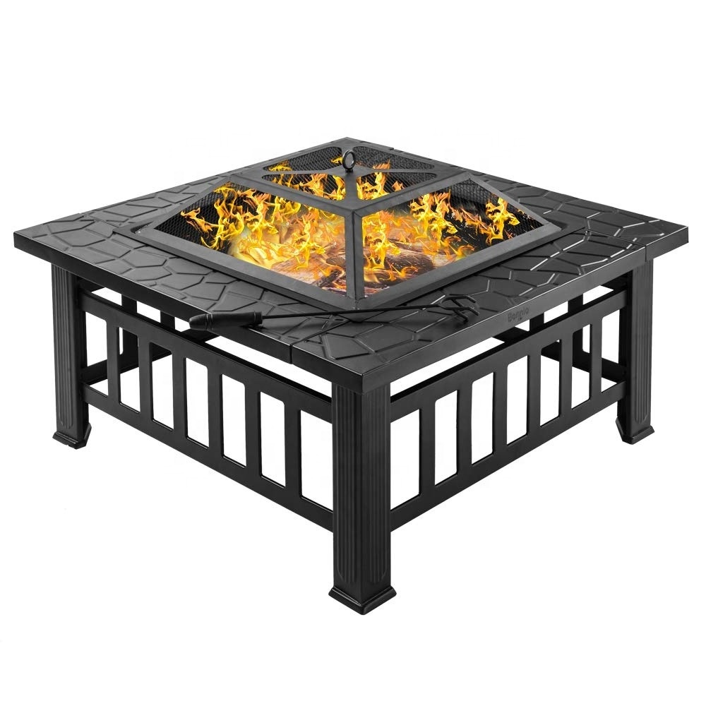 KEYO Outdoor Firepit 32In Square Table Backyard Patio Garden Stove Metal Wood Burning Fire Pits With Spark Screen