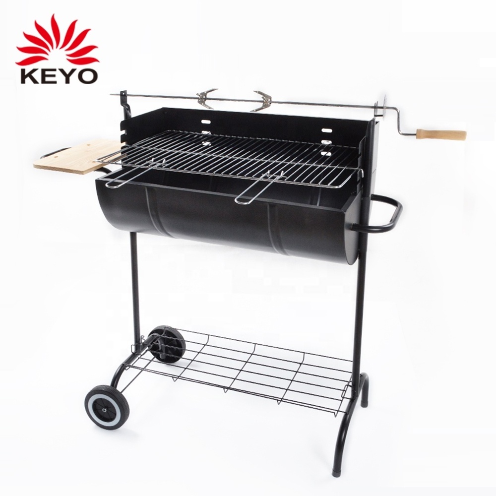 Outdoor Cyorus Rotisserie Barbecue Grill Cyprus Barrel Shaped Charcoal Rotating Bbq Grill