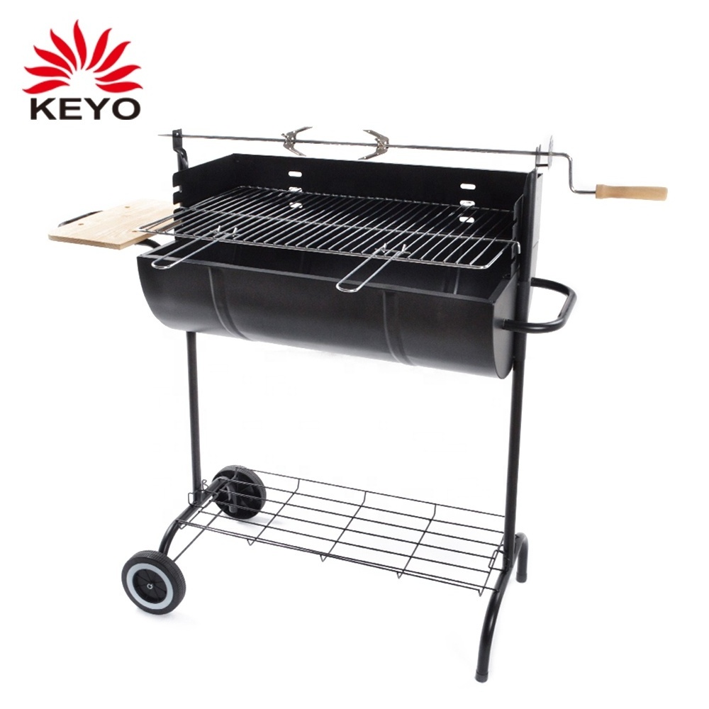 Outdoor Cyorus Rotisserie Barbecue Grill Cyprus Barrel Shaped Charcoal Rotating Bbq Grill