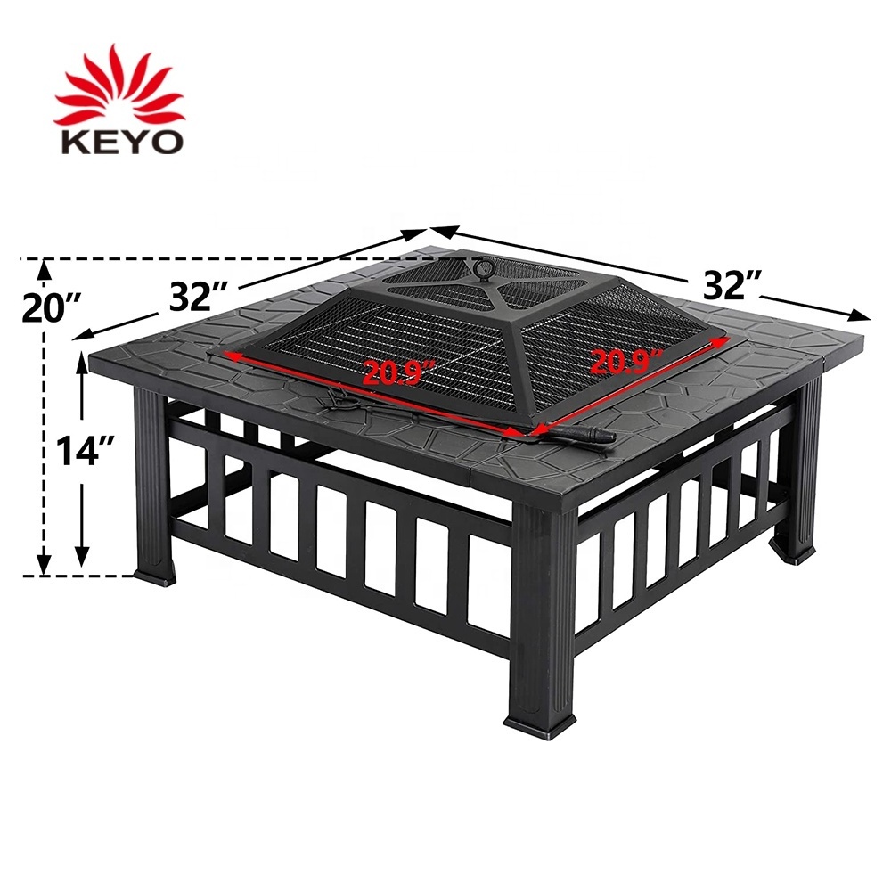 KEYO Outdoor Firepit 32In Square Table Backyard Patio Garden Stove Metal Wood Burning Fire Pits With Spark Screen