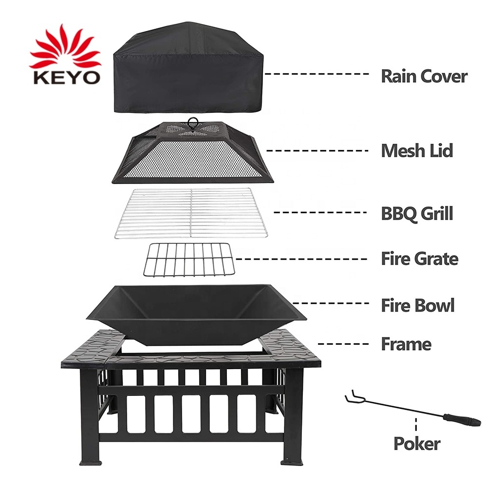 KEYO Outdoor Firepit 32In Square Table Backyard Patio Garden Stove Metal Wood Burning Fire Pits With Spark Screen