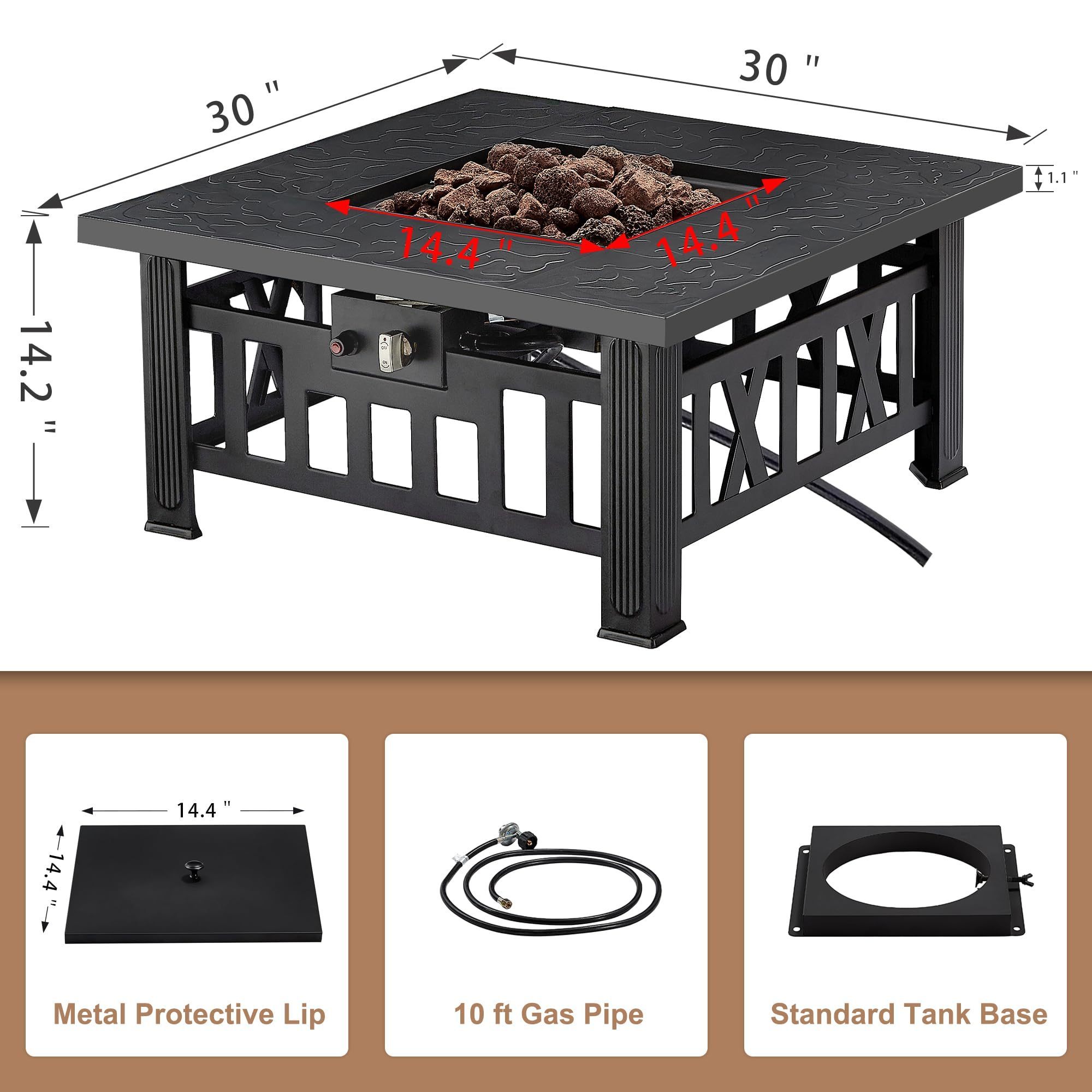 30 Inch Outdoor Gas Fire Table 50, 000 BTU Square Firepit Adjustable Flame Steel Propane Fire Pit