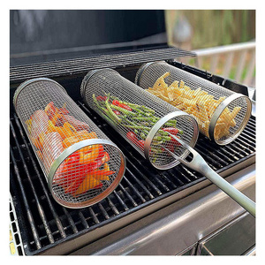 KEYO Rolling BBQ Grilling Basket Stainless Steel Barbeque Grill Net Vegetables Accessories Portable Barbecue Grills Mesh Baskets