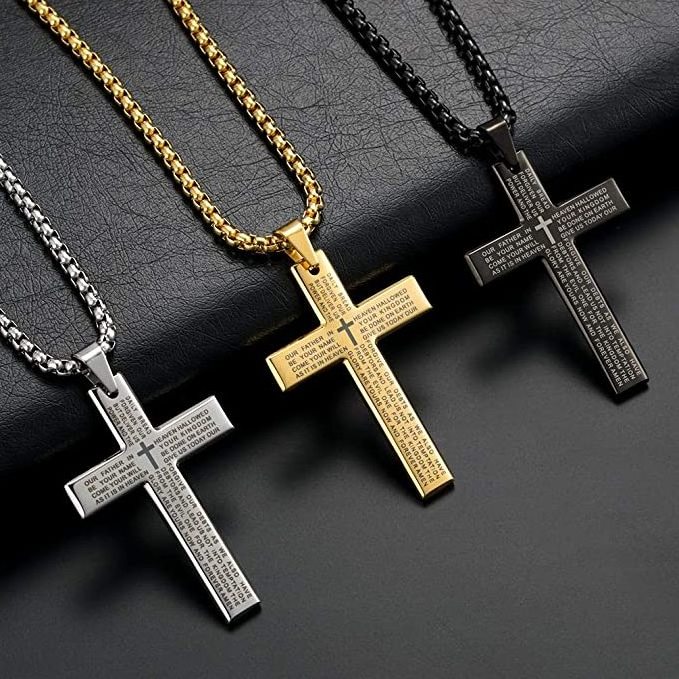 Wholesale Men's Cross Necklace with Lord's Prayer, 316L Stainless Steel Cross Pendant Necklace