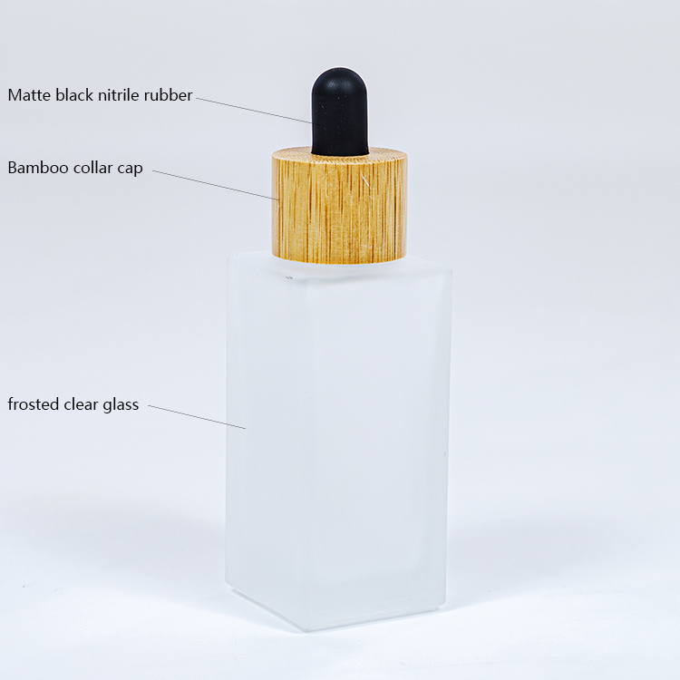 Skincare 30ml 50ml Clear Frosted Square Serum Bottles Frosted Glass Jar Cream Container With Black Bamboo Lid Packaging