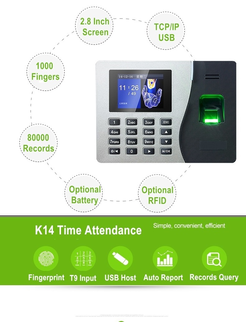 ZK K14 Free Software Fingerprint Biometric Time Attendance Recorder System Device For Employee