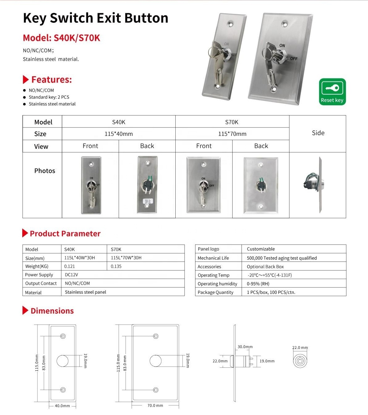 Security Smart Lock Access Control System Door Open Release Stainless Steel Override Reset Key Switch Exit Button Switch