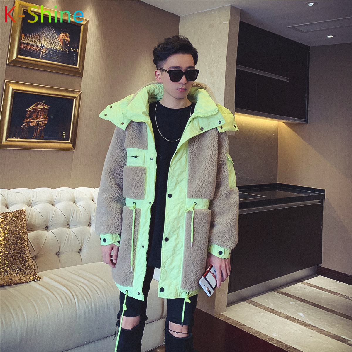 Men's Down jacket lamb fur both sides wear mid-length winter fashion casual jacket