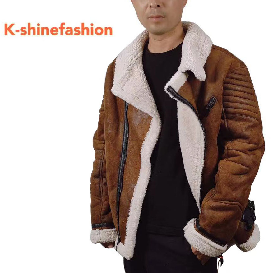 Winter  Suede Bomber Jacket Suede Faux Lambswool fur coat Keep Warm Jacket for Mens