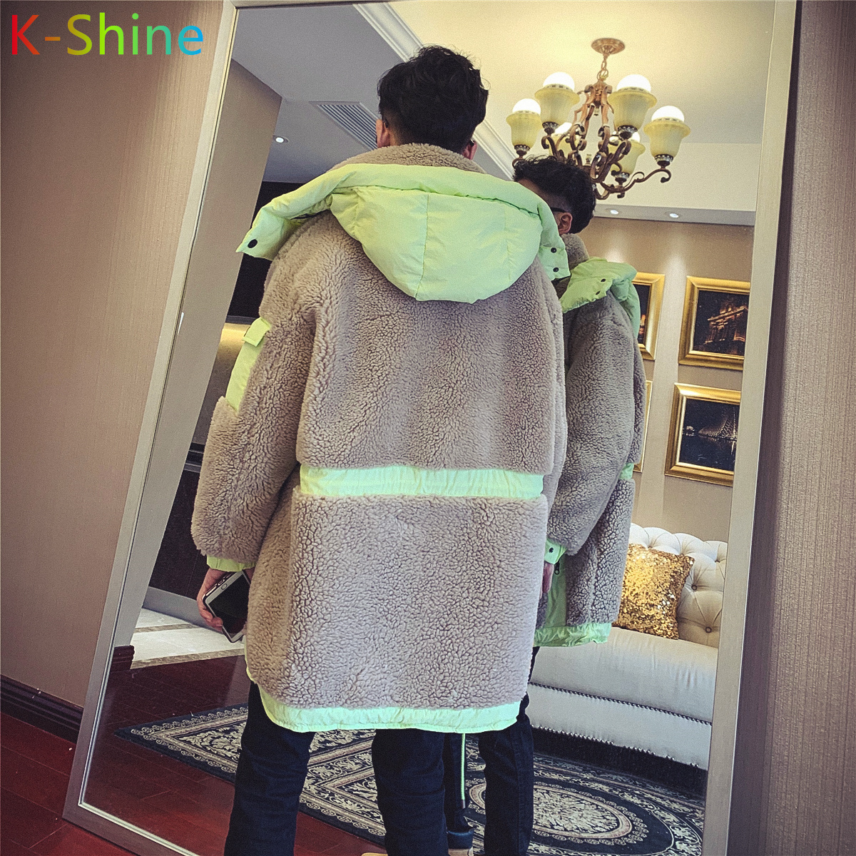 Men's Down jacket lamb fur both sides wear mid-length winter fashion casual jacket