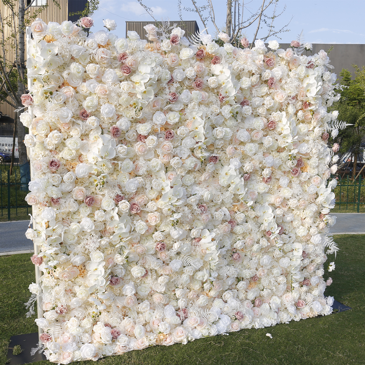 High-quality flower green plant wall wedding party cloth bottom rolled up background artificial flower wall decoration