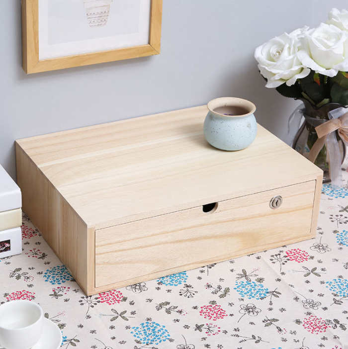 unfinished wooden box with drawer for desktop organizer, under computer rack