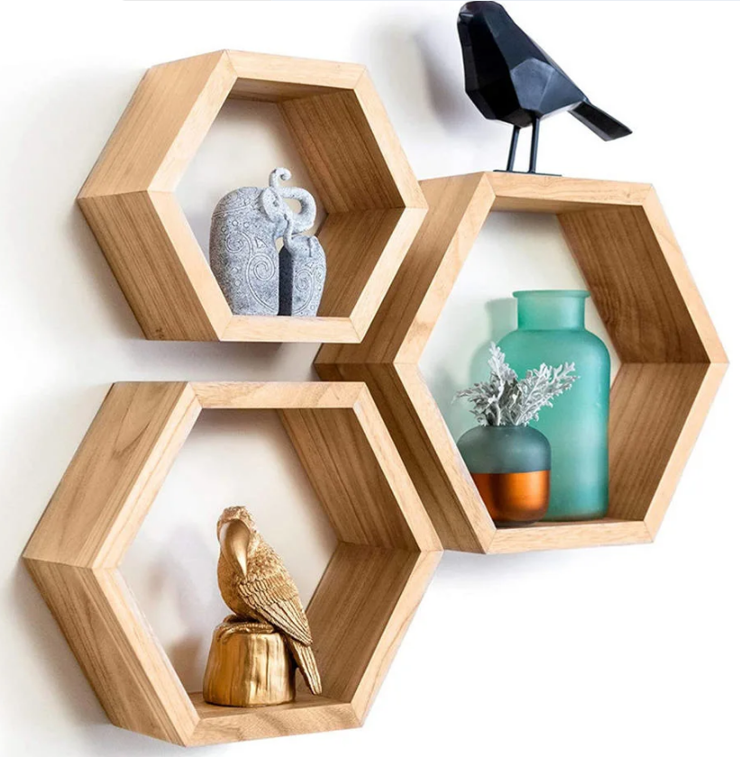 Rustic Wall Shelf Home Decor Wooden Floating Cube Hexagon Wall Hanging Shelf for Living Room