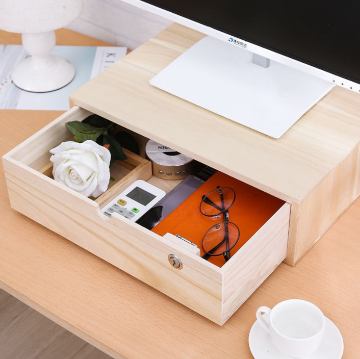 unfinished wooden box with drawer for desktop organizer, under computer rack