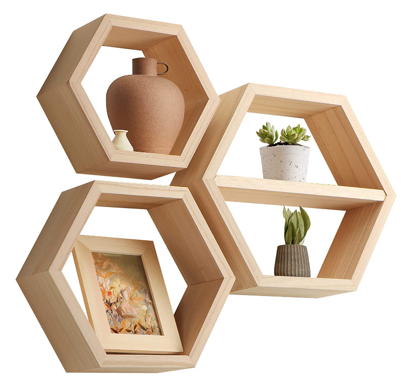 Rustic Wall Shelf Home Decor Wooden Floating Cube Hexagon Wall Hanging Shelf for Living Room