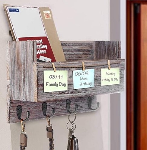 Wood Wall Mounted 4 Key Holder Hooks with Memo Clips,Entryway Organizer for Letter Mail Holder