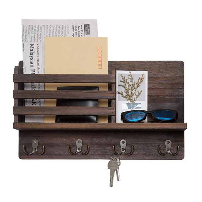 Wall Mounted Mail Holder Wooden Mail Sorter Organizer with 4 Double Key Hooks and A Floating Shelf