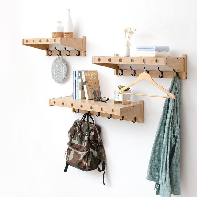 Coat Hooks with Shelf Wall-Mounted Bamboo Hanging Shelf with 5 Double Metal Hooks for Bathroom