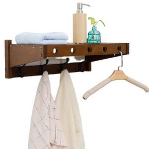 Coat Hooks with Shelf Wall-Mounted Bamboo Hanging Shelf with 5 Double Metal Hooks for Bathroom