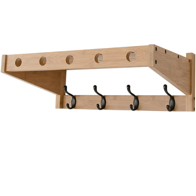 Coat Hooks with Shelf Wall-Mounted Bamboo Hanging Shelf with 5 Double Metal Hooks for Bathroom