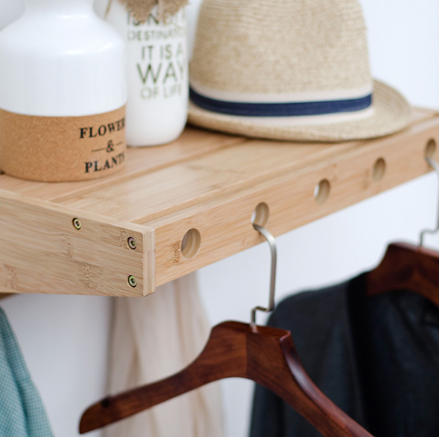 Coat Hooks with Shelf Wall-Mounted Bamboo Hanging Shelf with 5 Double Metal Hooks for Bathroom