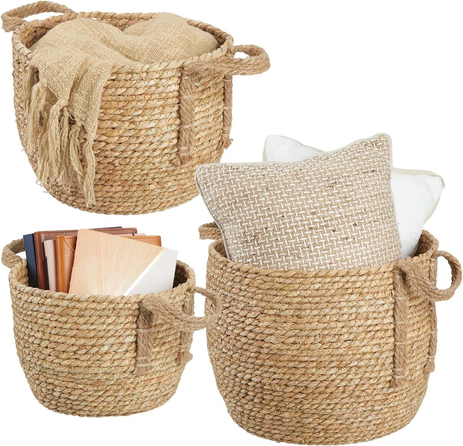 Hot Sale Round Seagrass Woven Storage Basket with Jute Handles  for Shoe Storage in Entryway, Organizing Playroom Toys