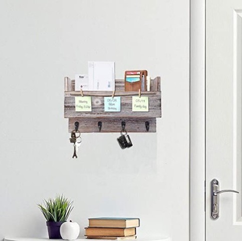 Wood Wall Mounted 4 Key Holder Hooks with Memo Clips,Entryway Organizer for Letter Mail Holder