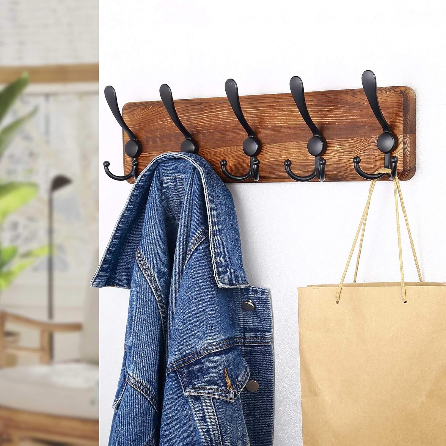 Hot Sale Wooden Coat Rack Wall Mounted Rustic Coat Hooks for Wall,  with 5 Triple Hooks for Hanging Clothes, Jacket, Hat