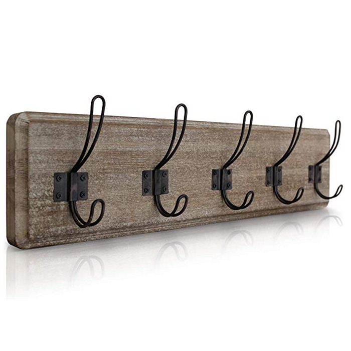 Rustic Coat Rack - Wall Mounted Brown Wooden 24 Entryway Coat Hooks - 5 Rustic Hooks, Solid Pine Wood.