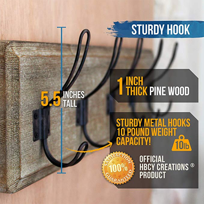 Rustic Coat Rack - Wall Mounted Brown Wooden 24 Entryway Coat Hooks - 5 Rustic Hooks, Solid Pine Wood.