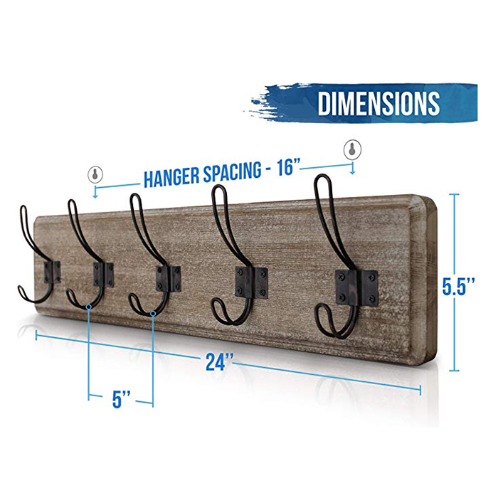 Rustic Coat Rack - Wall Mounted Brown Wooden 24 Entryway Coat Hooks - 5 Rustic Hooks, Solid Pine Wood.