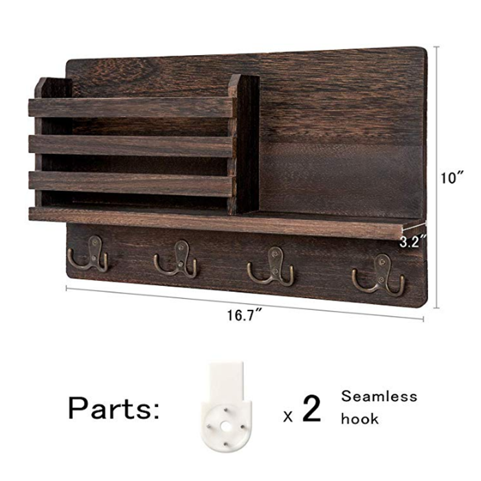 Wall Mounted Mail Holder Wooden Mail Sorter Organizer with 4 Double Key Hooks and A Floating Shelf