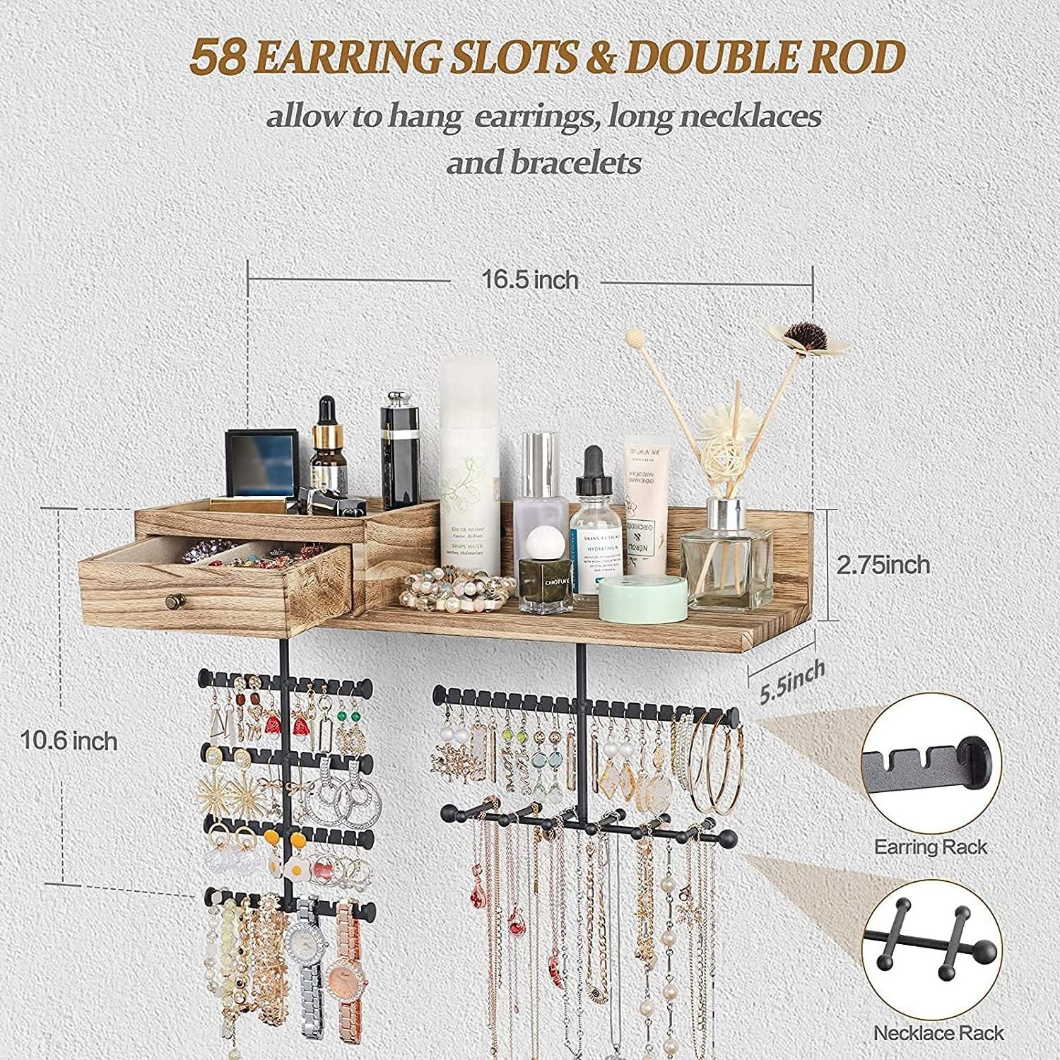 Jewelry Organizer Hanging Wall Mounted Jewelry Holder with Rustic Wood Drawer & Shelf Rack for Earrings Rings Necklaces Bracelet